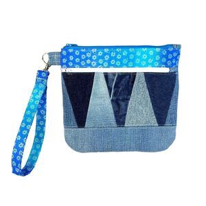 Handmade Upcycled Denim Front Zipper Pocket Cotton Lined Bag Pouch Wristlet